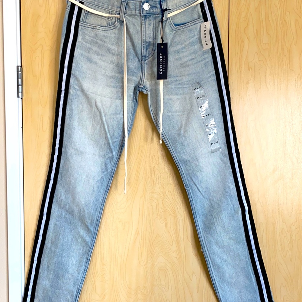 Pacsun blue jeans with black and white strips